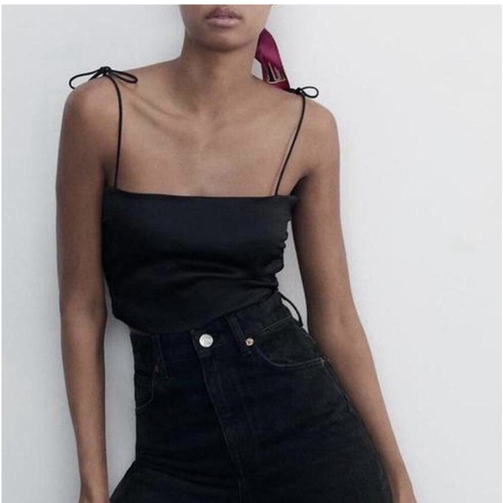 black Zara silk satin tie spaghetti strap smocked crop cami camisole tank Small